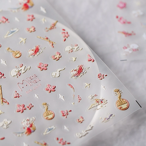Autocollants Ongles Relief Style Chinois Motifs Floraux Instruments Autocollants Décoration Manucure Nouveauté