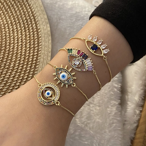 Evil Eye Adjustable Bracelet Copper Multi Color Zircon Micro Pave Gold Plated Fashion Jewelry Women Gift