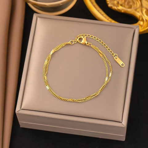 Bracciale a Doppio Strato Catena Curb Acciaio al Titanio Placcato Oro Argento Elegante Minimalista Regolabile Donna Gioielli