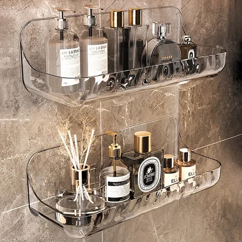 Acrylic Bathroom Shelf Wall Mounted Transparent Storage Rack For Cosmetics Toiletries Punch Free Rippled Design