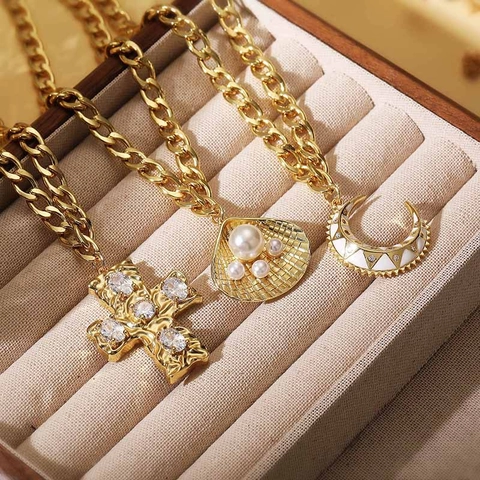 Collana in Rame Esagerata per Donna Hip Hop Perla Artificiale Strass Croce Luna Conchiglia Ciondolo Placcato Oro Argento Gioielli