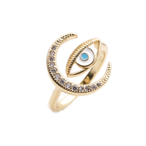 Bague Mauvais Œil Lune Cuivre Micro Incrusté Zircon Huile Goutte Mode Bohème Ouverte Réglable Bijoux De Doigt Pour Femme