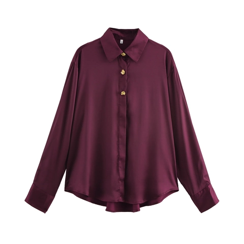 Donna Blusa In Raso Maniche Lunghe Colletto Revers Bottoni Dorati Tinta Unita Elegante Ufficio Top