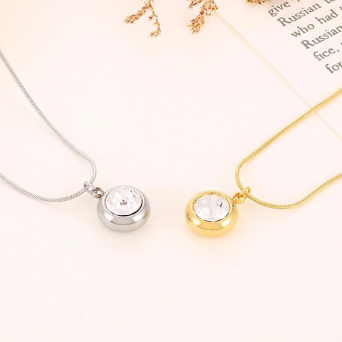 Roestvrijstalen Ronde Bezel Hanger Ketting Heldere Zirkoon Slangenketting Minimalistische Elegante Sieraden Voor Dames