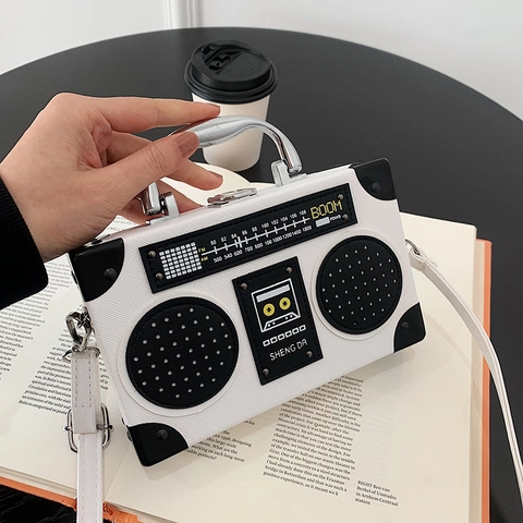 Women Retro Radio Shaped Crossbody Bag Creative Novelty PU Leather Handbag With Metal Handle Unique Fashion Gift