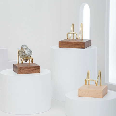 Desktop Stone Display Stand With Solid Wood Base And Brass Frame For Mineral Crystal Fossil Specimen Holder Home Decor