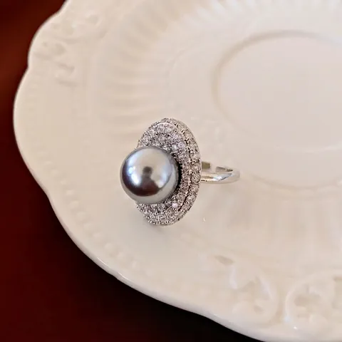 Elegant Grey Artificial Pearl Ring Copper Zircon Double Row Micro Pave French Luxury Style Adjustable Open Band For Women
