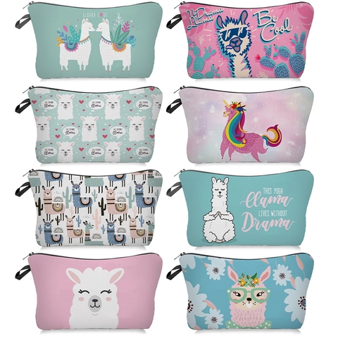 Borsa Da Trucco Carina Cartone Animato Lama Alpaca Stampa Poliestere Portatile Cerniera Organizzatore Da Viaggio Donna