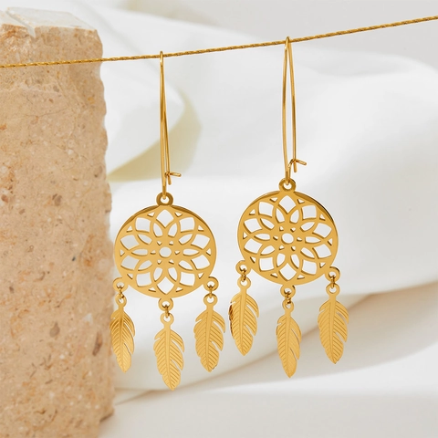Boucles D'oreilles Pendantes Attrape-Rêves En Acier Inoxydable Plaquage Sous Vide Pendentifs Plumes Style Bohême Ethnique Pour Femmes