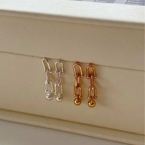 925 Sterling Silver U-Link Ball Drop Stud Earrings For Women Minimalist Dainty Metal Chain Link Earrings Fashion Jewelry Gift