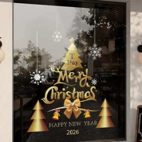 Christmas Window Stickers Gold Static PVC 2026 Happy New Year Glass Door Decals Snowflake Reindeer Tree Double Sided