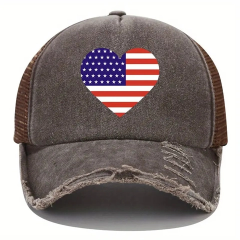 Distressed Trucker Hat Washed Cotton Mesh Heart American Flag Print Torn Brim Retro Breathable Unisex Baseball Cap