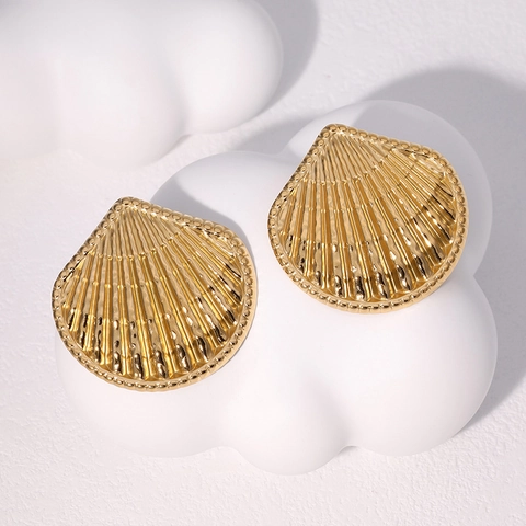 Shell Stud Earrings Stainless Steel 18K Gold Plated Fan Shaped Waterproof Minimalist Elegant Trendy Niche Jewelry For Women