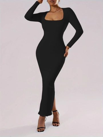 Square Neck Langarm Maxi Kleid Rippenstrick Slim Fit Sexy Seitenschlitz Elegant Bodycon Party Abend Damen