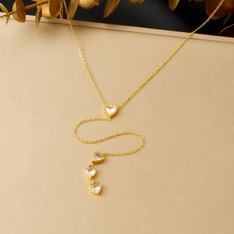 Elegante Collar Lariat En Forma De Y Con Corazón De Zirconia Acero Inoxidable Chapado En Oro Colgante Borla Para Mujeres
