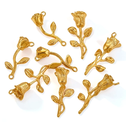 Ciondoli Fiore Di Rosa 3D Acciaio Inossidabile Placcato Oro 18K Charm Per Creazione Gioielli Fai Da Te Collane Bracciali