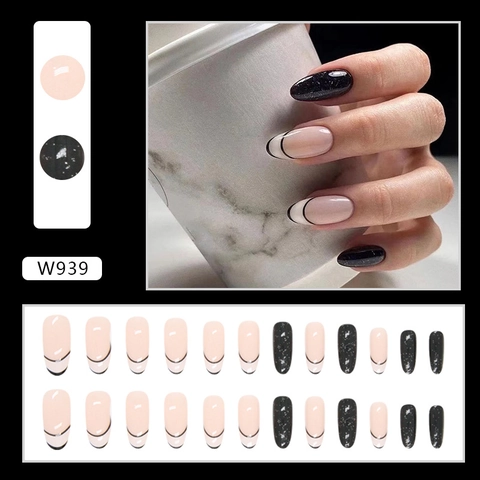 Unghie Finte Eleganti Ovali Testa Rotonda Glitter Neri Linea Stile Francese Rosa Nude Moda Donna