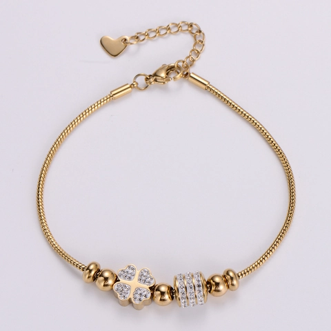 Kleeblatt Charm Armband 18K Vergoldeter Edelstahl Mit Zirkonia Schlangenkette Herzanhänger Für Damen