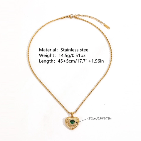 Vintage Heart Pendant Necklace Stainless Steel Green Rhinestone Gemstone Twist Chain Jewelry Elegant Accessory For Women