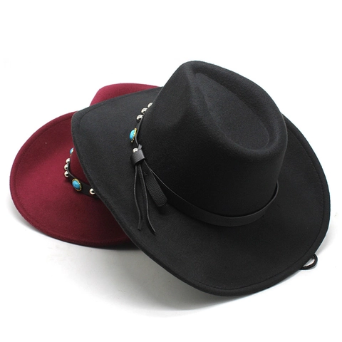 Western Cowboy Hat Felt Wide Brim With Faux Turquoise Leather Band Adjustable Wind Rope Shapeable Vintage For Men Women