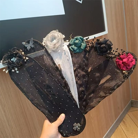 Lazy Hair Bun Maker Floral Mesh Gauze Ribbon Hair Styling Tool With Artificial Pearls Rhinestones Bow For Women