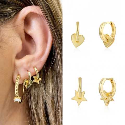 Orecchini a Bottone con Pendente a Cuore e Stella in Argento Sterling 925 per Donna Placcati Oro Argento Zirconia Intarsiata Gioielli