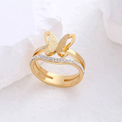 Anillo De Mariposa De Doble Capa Acero Inoxidable Acabado Mate Con Circunita Brillante Para Mujer Joyería Elegante