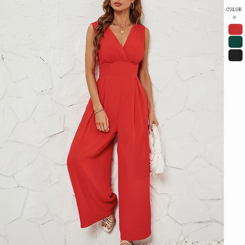 Mouwloze Jumpsuit Met V-Hals Voor Dames Hoge Taille Wijde Pijpen Lange Broek Polyester Effen Kleur Elegant Zomer Casual