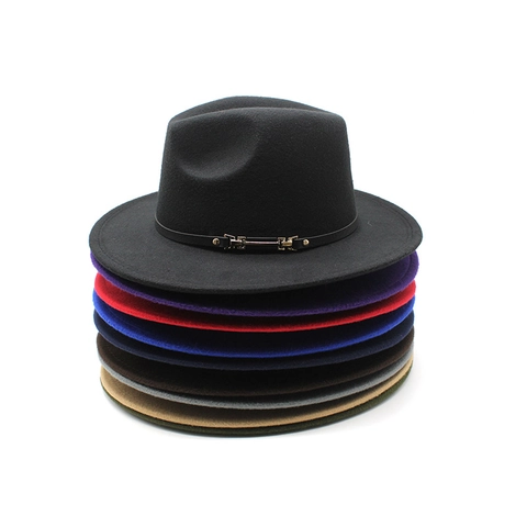 Chapeau Fedora Vintage En Feutre De Laine Bord Large Plat Avec Ceinture En Cuir Boucle Métallique Chapeau Jazz Élégant
