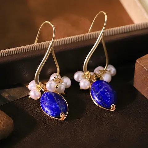 Natural Artificial Pearl Lapis Lazuli Earrings Vintage Handmade 18K Gold Plated Copper For Women
