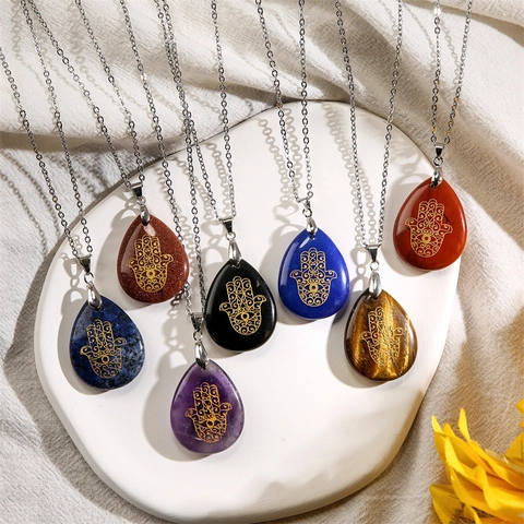 Vintage Naturstein Wassertropfen Anhänger Kette Hamsa Hand Fatimas Hand Geschnitzter Heilstein Kupfer Schmuck Für Unisex
