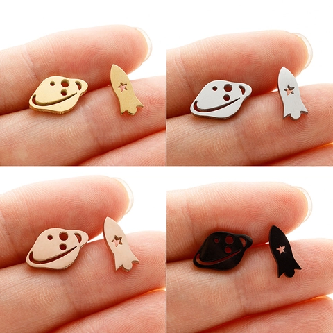 Orecchini A Lobo Asimmetrici In Acciaio Inossidabile Tema Spazio Pianeta Razzo Gioielli Di Moda Minimalisti Per Donne