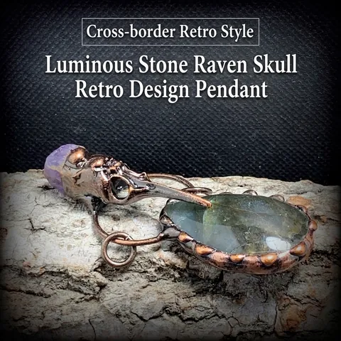 Retro Gothic Crow Skull Pendant Necklace With Natural Labradorite Amethyst Bird Head Copper Witchy Jewelry Women