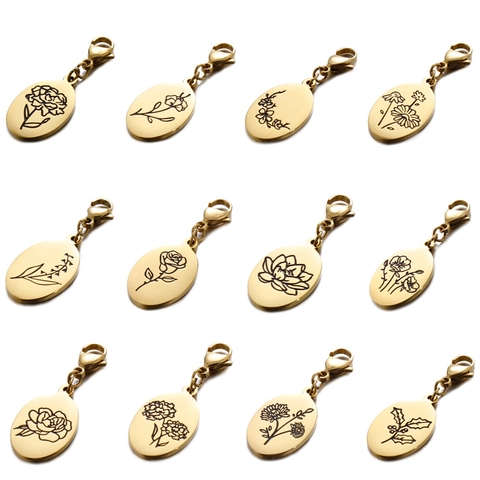 Stainless Steel Birth Flower Charms Oval Laser Engraved Pendants With Lobster Clasp For DIY Jewelry Making Keychain Gifts