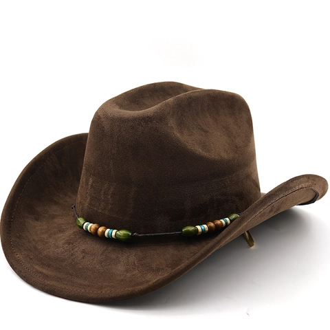 Cappello Da Cowboy Western Scamosciato Tesa Larga Con Fascia Di Perline Etniche Corda Antivento Fedora Vintage Per Uomini Donne