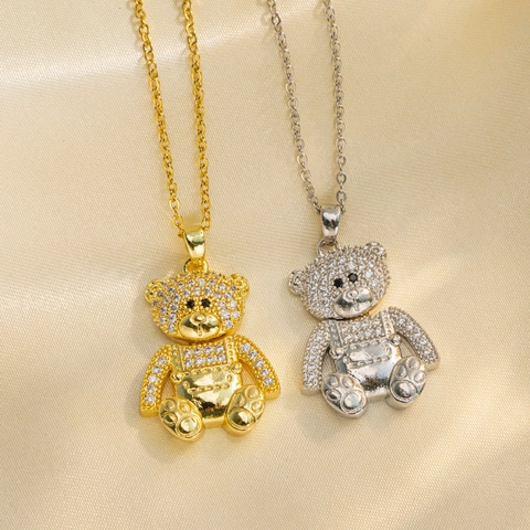 Titanium Steel Sparkling Bear Pendant Necklace For Women Movable Full Rhinestone Inlaid Fashion Jewelry Luxury Neck Accessory Gift