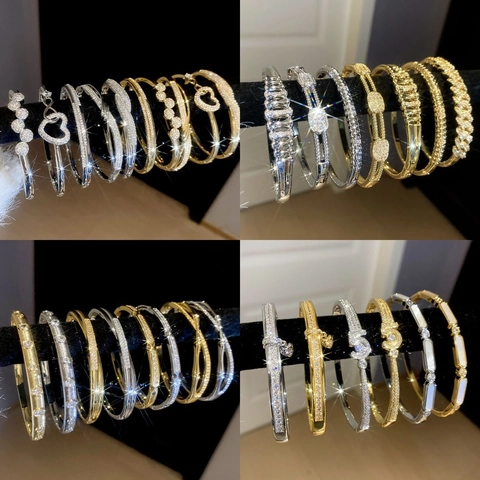 Luxe 18K Vergulde Koperen Bangle Voor Dames Met Glinsterende Zirkoon Elegante Geometrische Open Armband Mode Sieraden