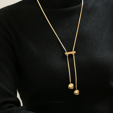 Titanium Steel 18K Gold Plated Long Sweater Chain Necklace Hollow Metal Ball Tassel Pendant Minimalist Jewelry For Women
