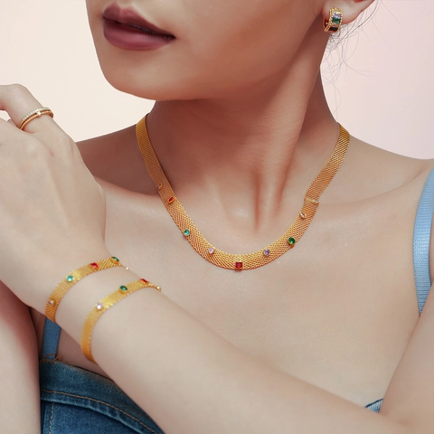 Collana E Bracciale In Acciaio Inossidabile Con Maglia Intrecciata E Zirconia Multicolore Oro Argento Placcato PVD Moda Donna