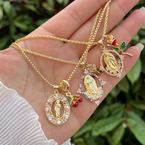 Religious Virgin Mary Cherry Rose Pendant Necklace Copper 18K Gold Plated Zirconia Chain Necklace For Women Men Everyday Jewelry Gift