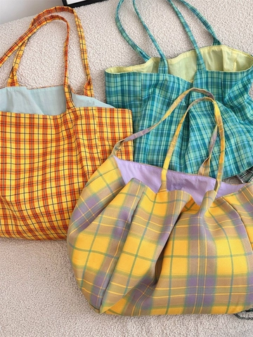 Borsa Tote In Tela A Quadri Grande Capacità Reversibile Motivo Plaid Borsa A Spalla Casual Alla Moda Per Donna