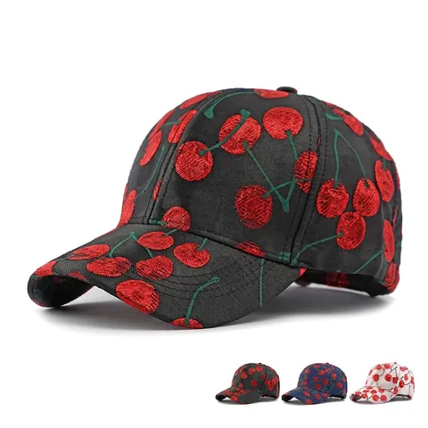 Women Fashion Cherry Jacquard Baseball Cap Hard Top Curved Brim Adjustable Sun Protection Polyester Outdoor Leisure Hat