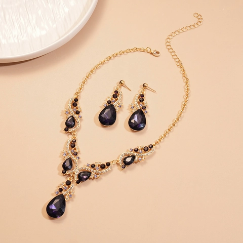 Parure De Bijoux Luxe Cristal Goutte Violette Cuivre Strass Style Palais Collier Et Boucles D'oreilles Pour Femmes