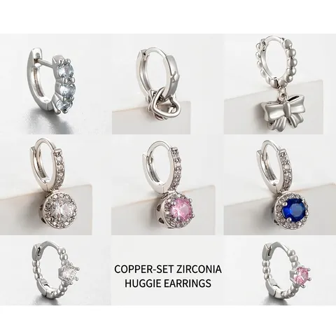 Copper Hoop Earrings With Cubic Zirconia Bow Heart Round Dangle Small Silver Plated Huggie Earring Fashion Jewelry Women