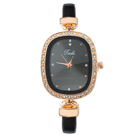 Fashion Women's Oval Rhinestone Quartz Watch With Faux Leather Strap Elegant Ladies Wristwatch For Daily Use