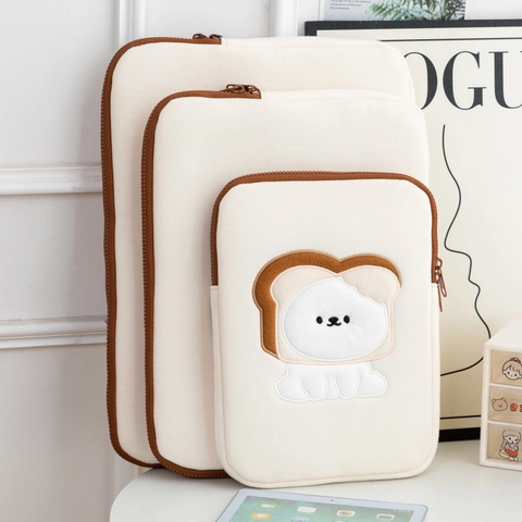 Cute Cartoon Toast Dog Embroidered Laptop Sleeve Shockproof Tablet Inner Case For Macbook iPad Storage Bag Office School Supplies