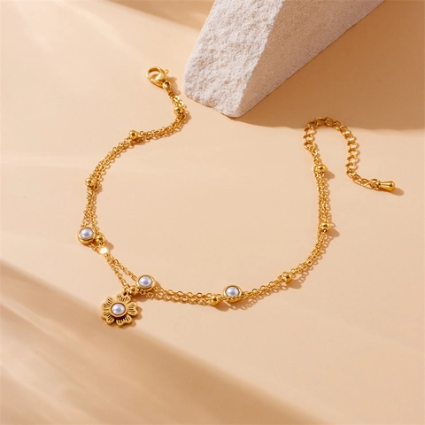 Fußkettchen Zweilagig Edelstahl Mit Künstliche Perlen Blumenanhänger Vergoldet Elegant Fußschmuck Für Damen Verstellbar