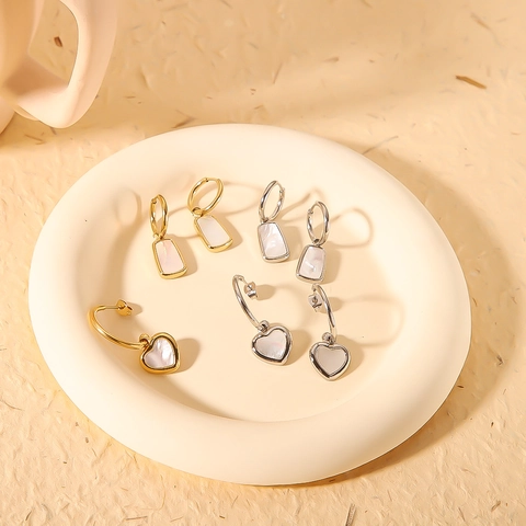 Stainless Steel Hoop Earrings With White Mother Of Artificial Pearl Heart Rectangle Geometric Pendants 18K Gold Plated Jewelry