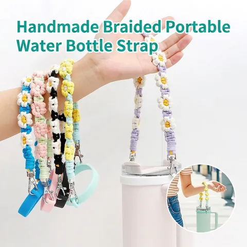 Handmade Woven Cotton Rope Water Bottle Carry Strap Portable Handle With Silicone Ring Metal Hook Floral For Outdoor Travel