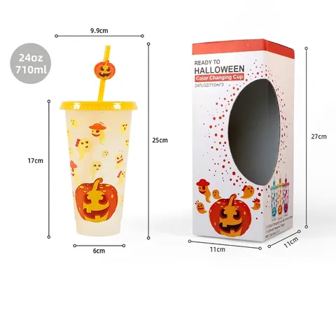Plastic Color Changing Cold Drink Cups Halloween Ghost Pumpkin Patterns With Straw And Silicone Topper Festival Gift